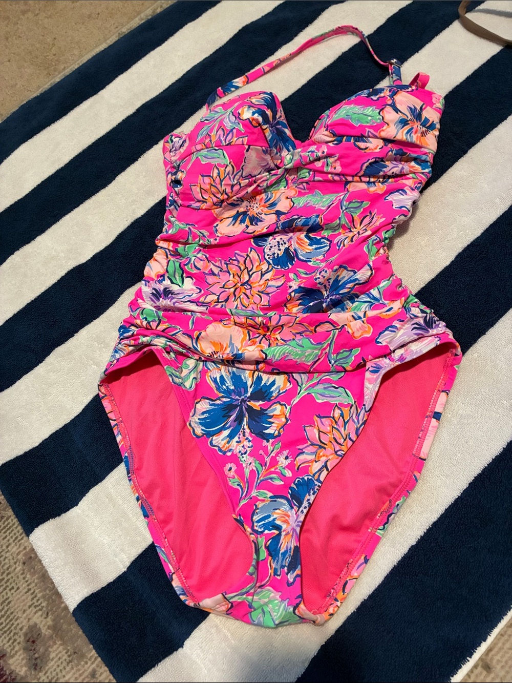 Lilly Pulitzer Hot Pink Floral Ruched One-Piece Swimsuit